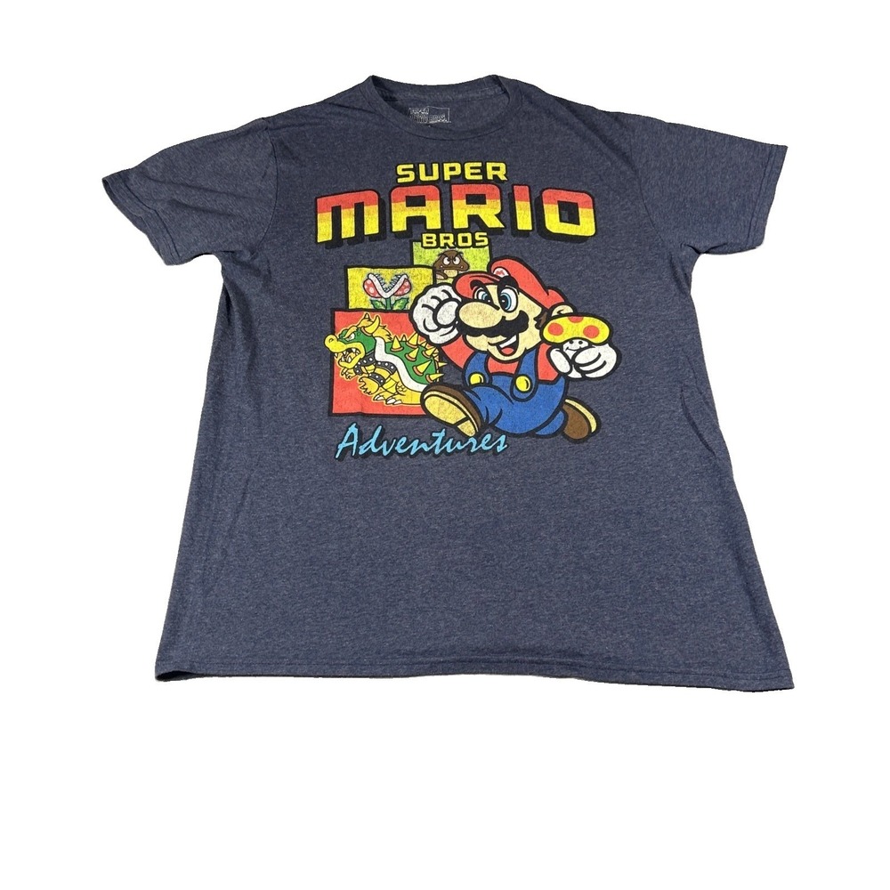 Super Mario Bros Adventures Shirt Mens Medium Blue Nintendo Graphic Tee Bowser